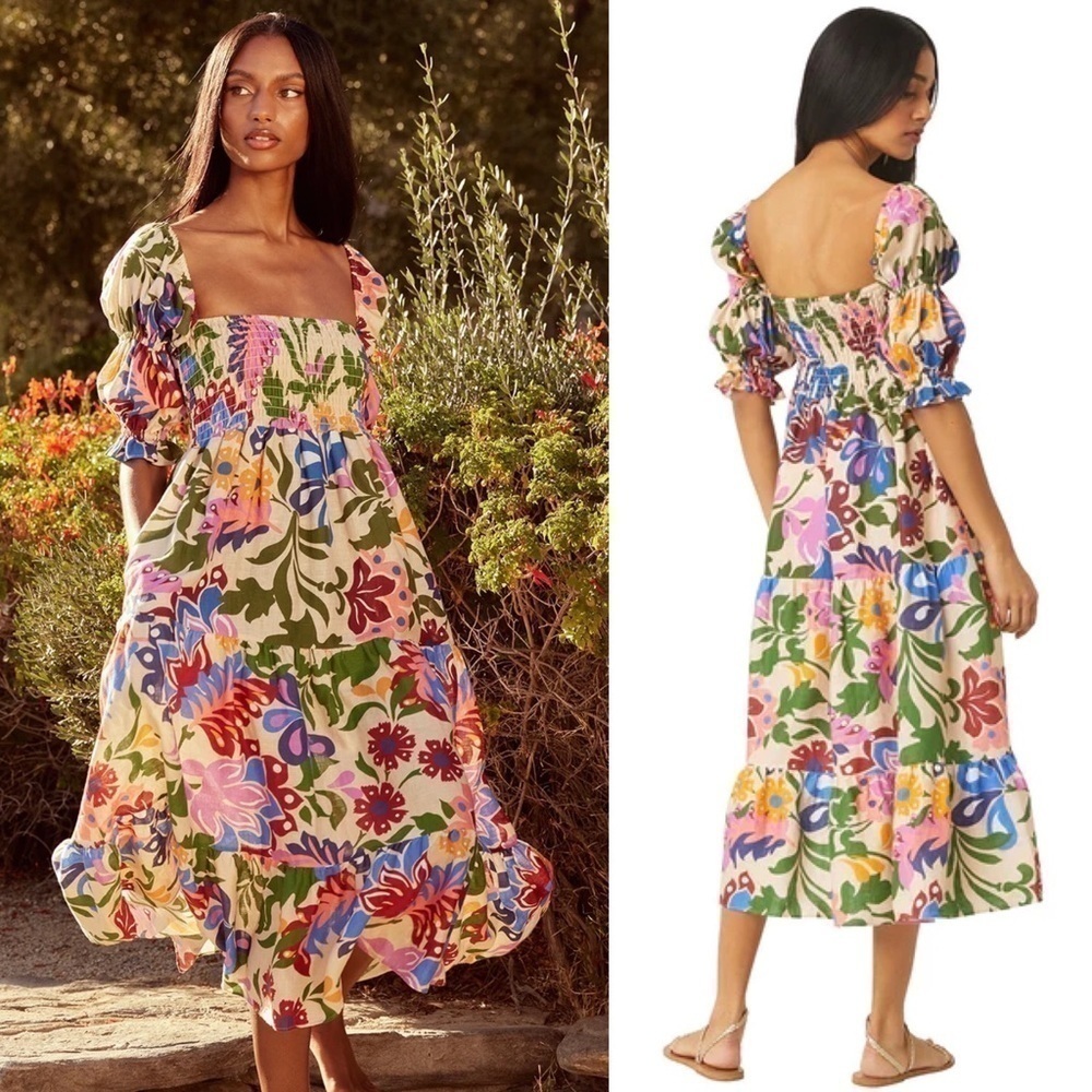 Misa Dress Yolanda Linen Smocked Ruffle Midi Summer Wedding Casita Flora M‎ EUC